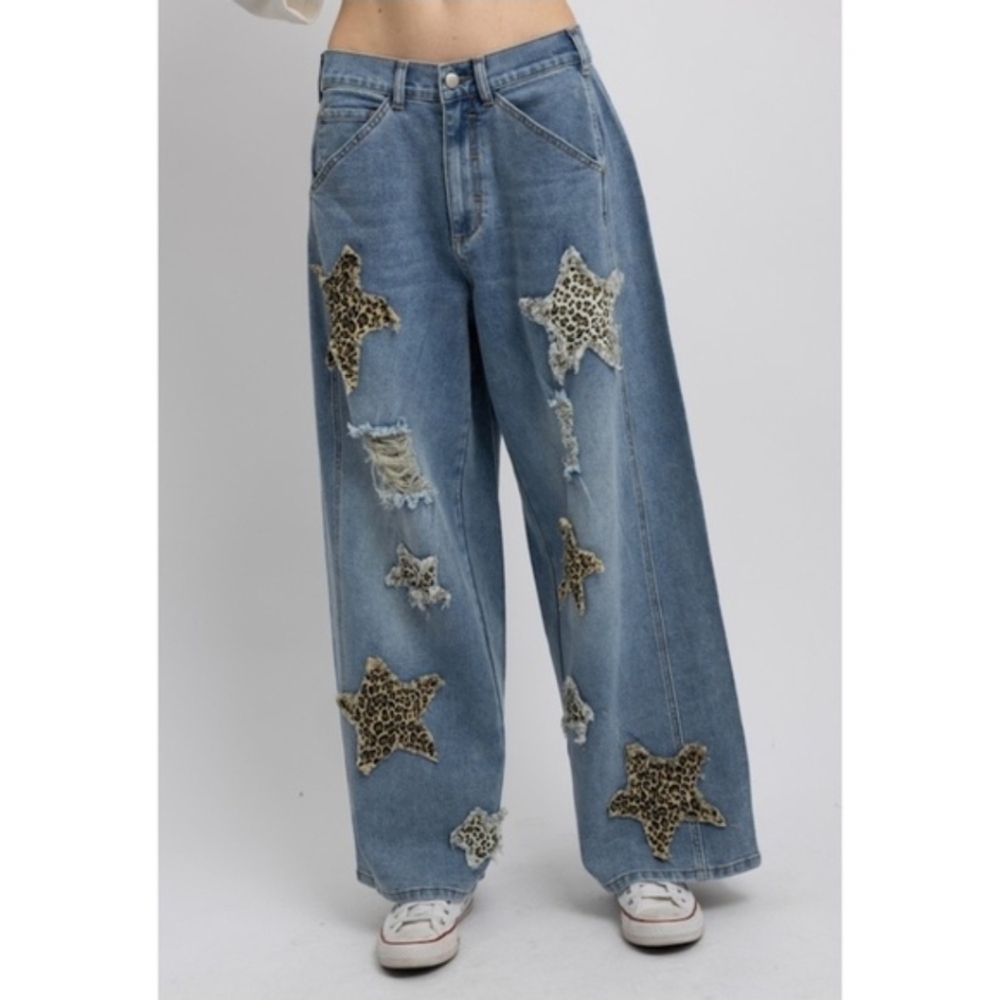Blue Velvet Leopard Star Patch Wide-Leg Jeans